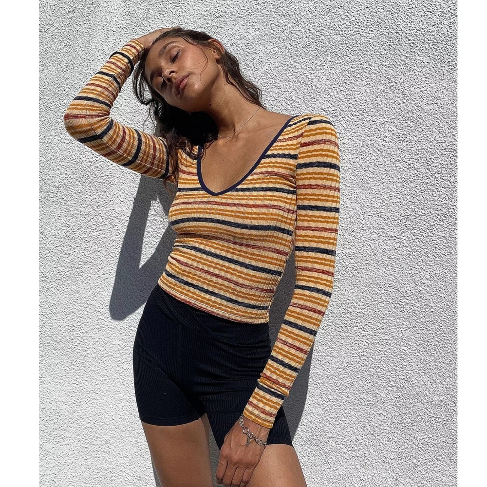 Urban Outfitters UO Sunny Ribbed Striped V-Neck Crop Top SzS